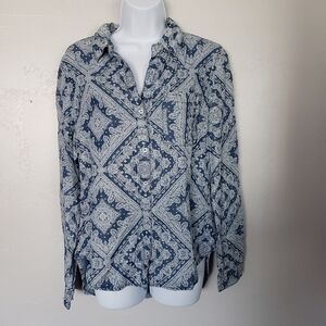 Dylan Blue White Paisley Blouse Long Sleeve Small